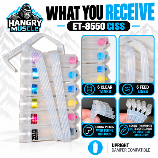 What you receive with the ET-8550 CISS: six tanks, six feed lines, elbow tubing pieces, and damper connection options