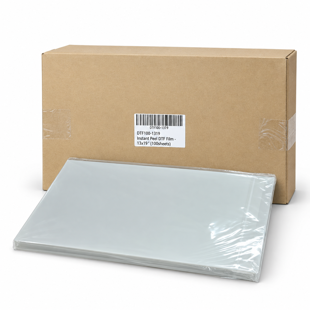 13 by 19 inch instant-peel DTF film, 100-sheet box and wrapped sheet stack