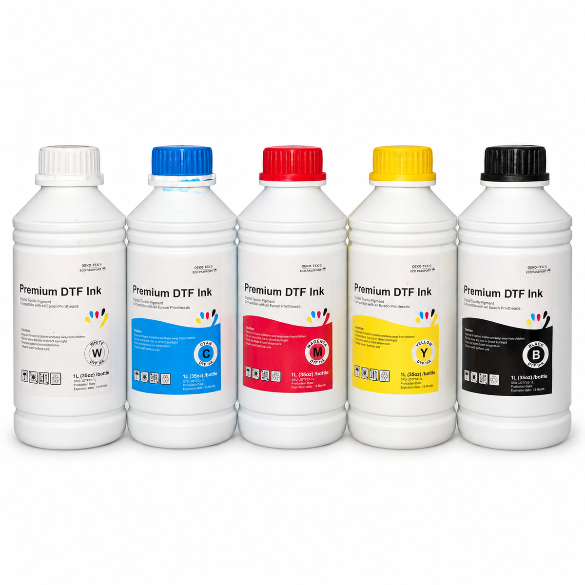 Five 1-liter DTF ink bottles in white, cyan, magenta, yellow, and black