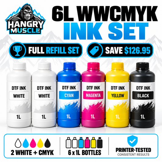 Hangry Muscle 6L WWCMYK DTF ink set with 2 white plus CMYK, six 1-liter bottles