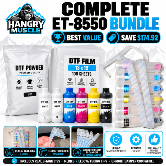 Complete ET-8550 DTF bundle with exact 6-tank CISS, six 1-liter inks, powder, and 100 film sheets
