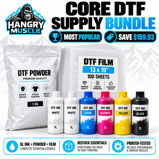 Hangry Muscle Core DTF Supply Bundle with 6L ink, 1 kg powder, and 100 sheets of 13 x 19 DTF film