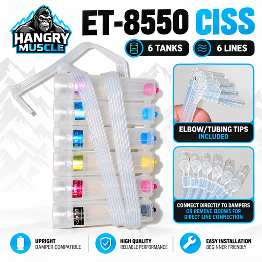 Hangry Muscle ET-8550 CISS with 6 tanks, 6 lines, elbow tubing tips, and upright damper compatibility