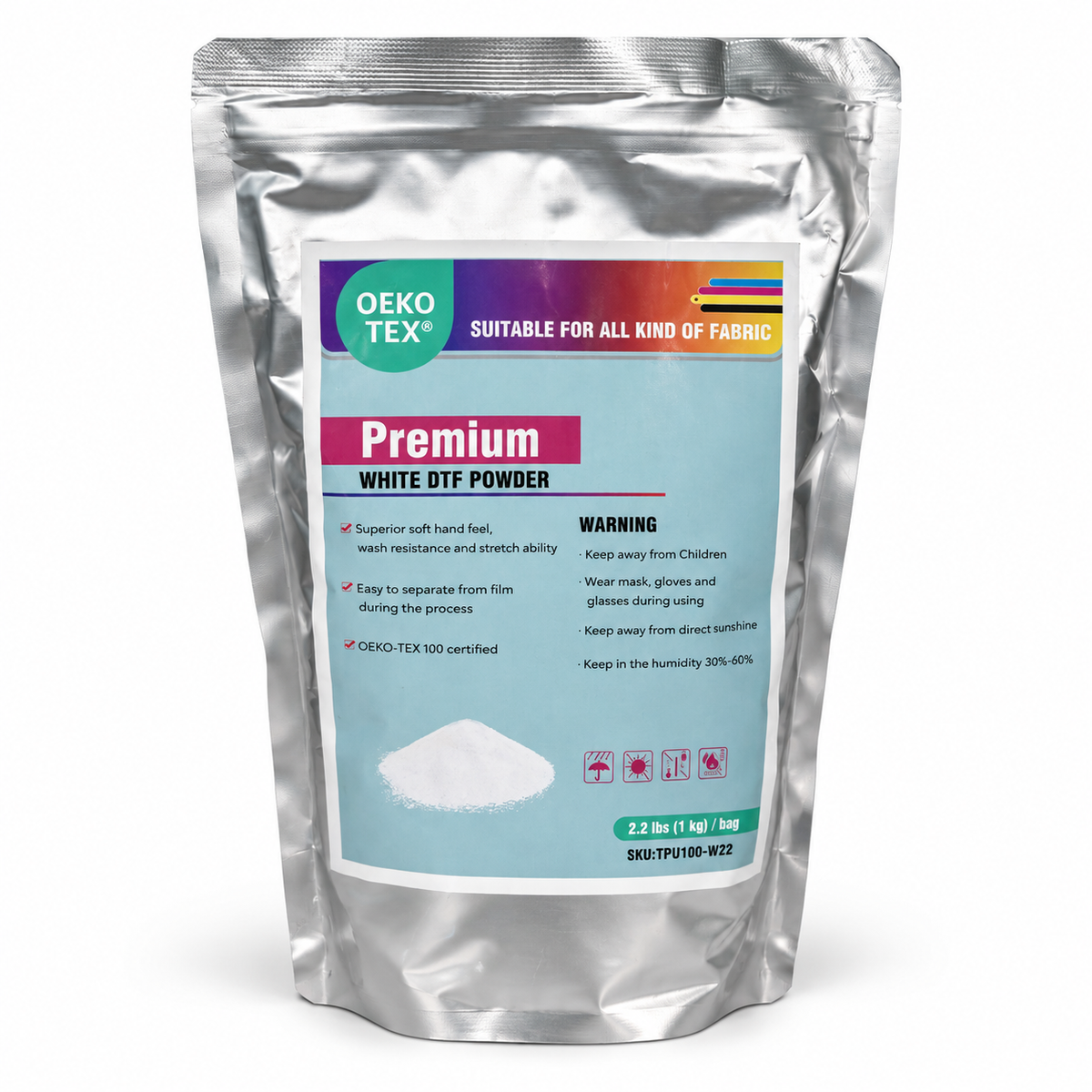 One kilogram bag of white DTF adhesive powder